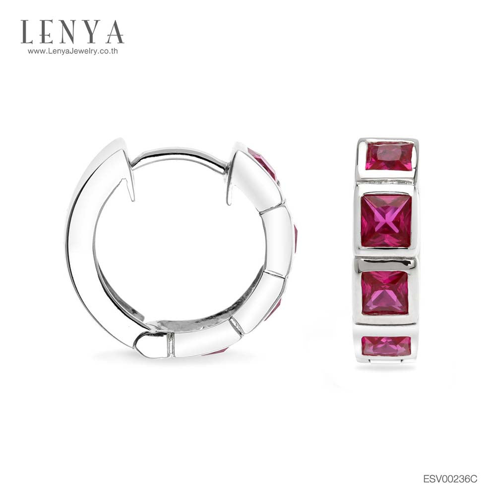 LENYA ต่างหู CZ สีแดงจาก Swarovski เสริมรสนิยม สวยสง่าดูดี ขนาด3x3มิล ตัวเรือนเงินแท้925 ชุบทองคำขาว