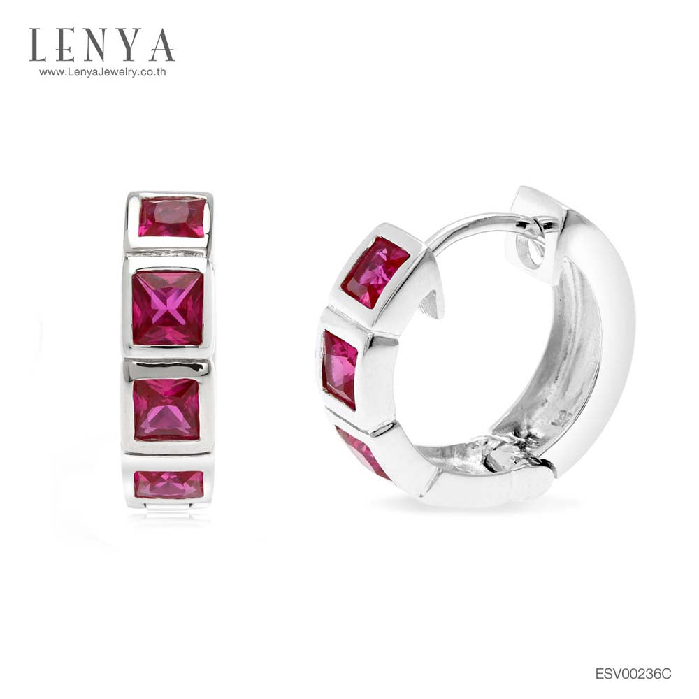 LENYA ต่างหู CZ สีแดงจาก Swarovski เสริมรสนิยม สวยสง่าดูดี ขนาด3x3มิล ตัวเรือนเงินแท้925 ชุบทองคำขาว