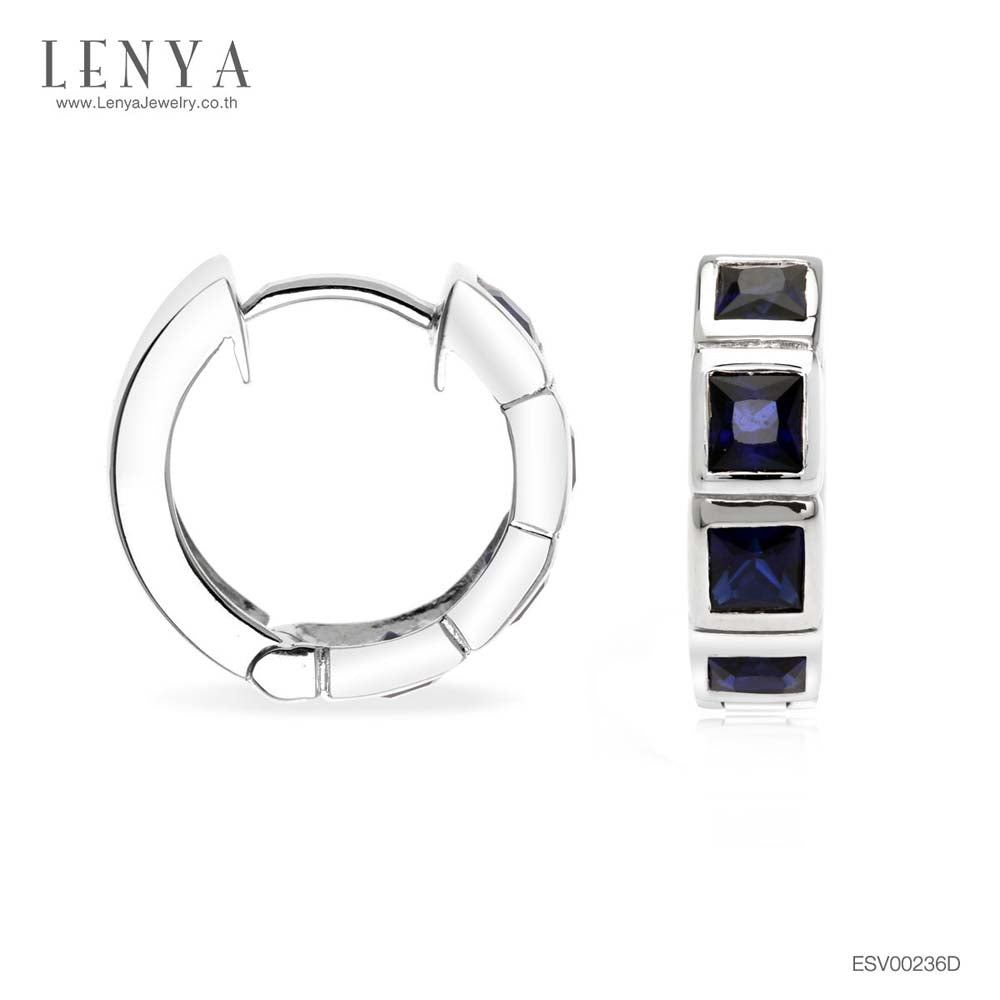 LENYA ต่างหูพลอยสีน้ำเงินจาก Swarovski เสริมรสนิยม สวยสง่าดูดี ขนาด3x3มิล ตัวเรือนเงิน925ชุบทองคำขาว