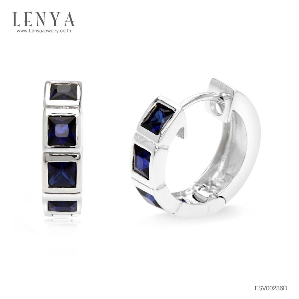 LENYA ต่างหูพลอยสีน้ำเงินจาก Swarovski เสริมรสนิยม สวยสง่าดูดี ขนาด3x3มิล ตัวเรือนเงิน925ชุบทองคำขาว