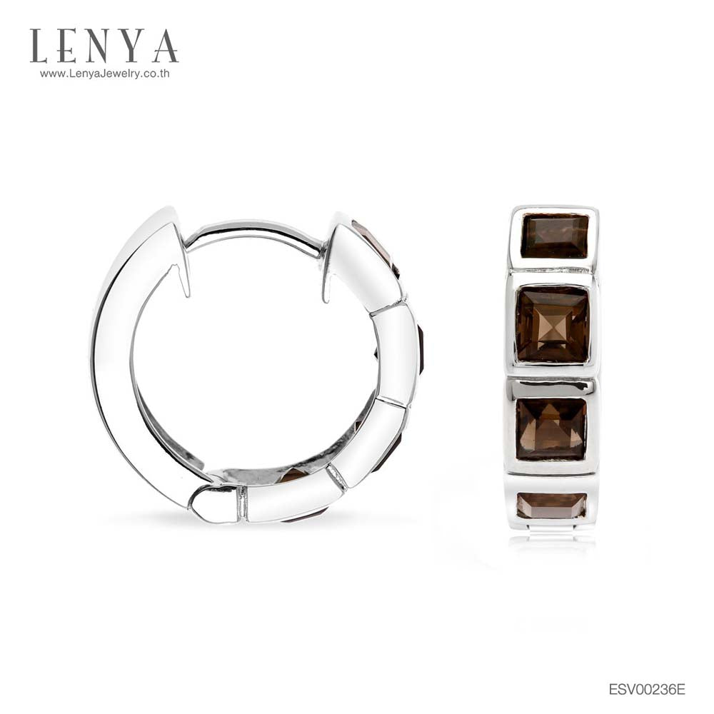 LENYA ต่างหูห่วงเล็ก ฝังพลอยสีเหลี่ยมแบบแถว พลอย สโมคกี้ควอตซ์(Smoky Quartz) สีเทา ต่างหูเงินแท้ 925 ชุบทองขาว