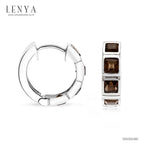 LENYA ต่างหูห่วงเล็ก ฝังพลอยสีเหลี่ยมแบบแถว พลอย สโมคกี้ควอตซ์(Smoky Quartz) สีเทา ต่างหูเงินแท้ 925 ชุบทองขาว