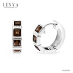LENYA ต่างหูห่วงเล็ก ฝังพลอยสีเหลี่ยมแบบแถว พลอย สโมคกี้ควอตซ์(Smoky Quartz) สีเทา ต่างหูเงินแท้ 925 ชุบทองขาว