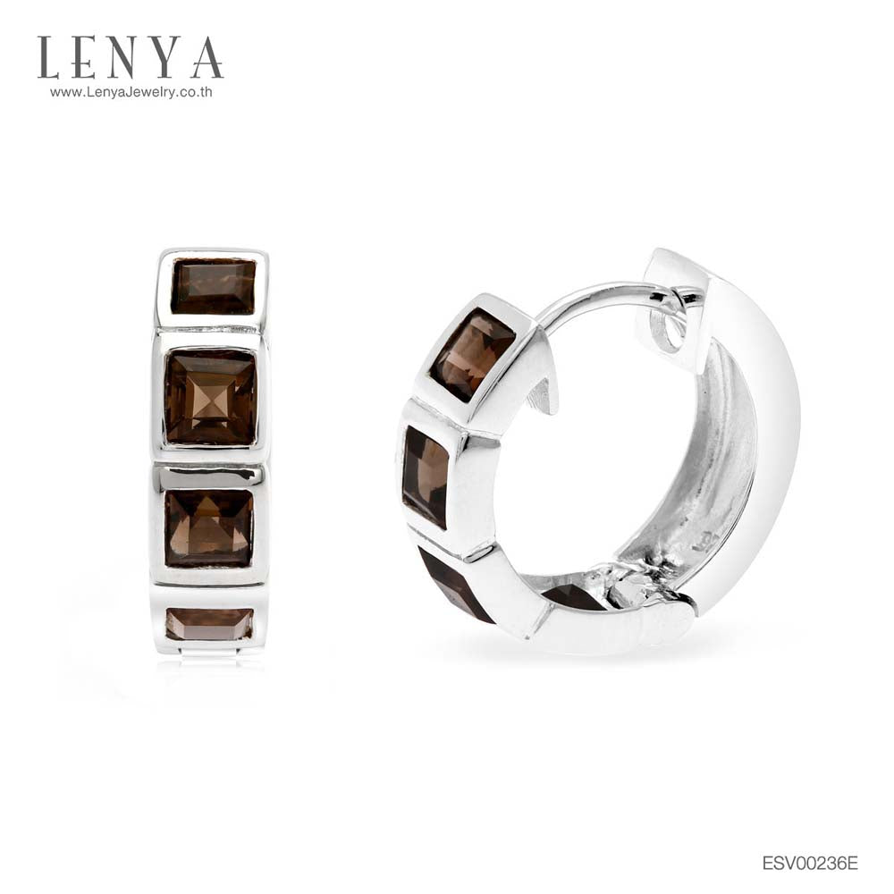 LENYA ต่างหูห่วงเล็ก ฝังพลอยสีเหลี่ยมแบบแถว พลอย สโมคกี้ควอตซ์(Smoky Quartz) สีเทา ต่างหูเงินแท้ 925 ชุบทองขาว