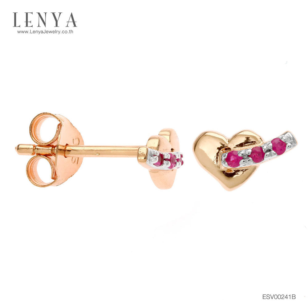 LENYA ต่างหูดีไซน์ Minimal รูปหัวใจ ประดับด้วย ทิบทิมสีแดง(Ruby) ตัวเรือนเงินแท้ 925 ตัวเรือนชุบพิ้งค์โกลด์ สีชมพูหวานน่ารัก ใส่ได้กับทุกสไตล์