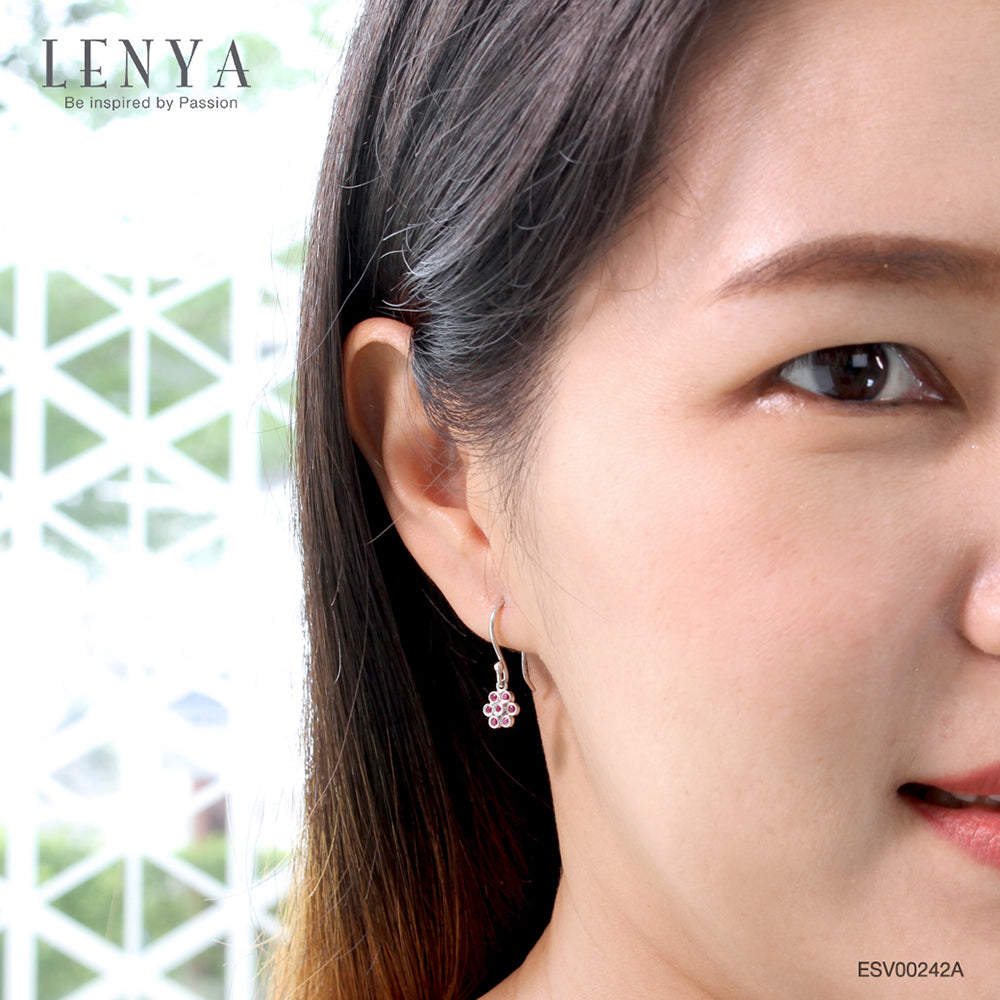 LENYA ต่างหูดีไซน์ Minimal ประดับด้วย ทิบทิมสีแดง(Ruby) ตัวเรือนเงินแท้ 925 ชุบทองขาว สีชมพูหวานน่ารัก ใส่ได้กับทุกสไตล์