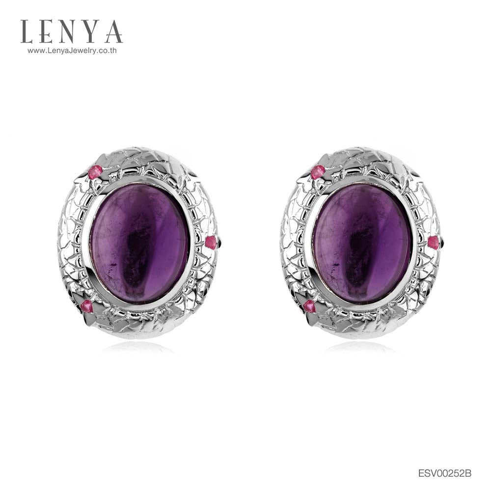 LENYA ต่างหูพลอยอเมทิสต์ เสริมความสงบใจ มีสติ มั่งคั่ง  ขนาด 11 มิล ตัวเรือนเงินแท้925 ชุบทองคำขาว