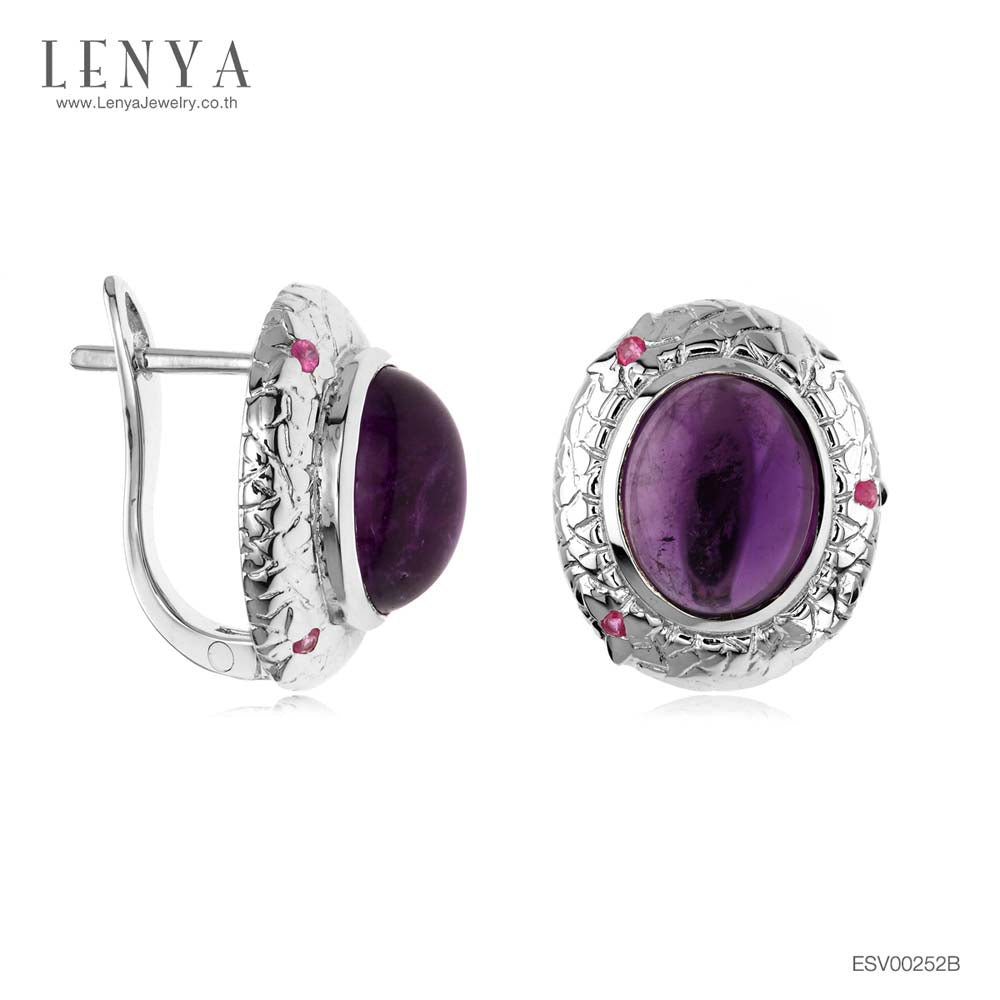 LENYA ต่างหูพลอยอเมทิสต์ เสริมความสงบใจ มีสติ มั่งคั่ง  ขนาด 11 มิล ตัวเรือนเงินแท้925 ชุบทองคำขาว