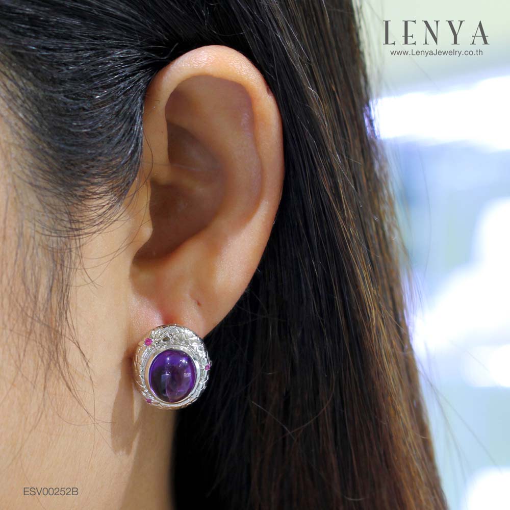 LENYA ต่างหูพลอยอเมทิสต์ เสริมความสงบใจ มีสติ มั่งคั่ง  ขนาด 11 มิล ตัวเรือนเงินแท้925 ชุบทองคำขาว