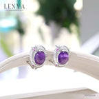 LENYA ต่างหูพลอยอเมทิสต์ เสริมความสงบใจ มีสติ มั่งคั่ง  ขนาด 11 มิล ตัวเรือนเงินแท้925 ชุบทองคำขาว