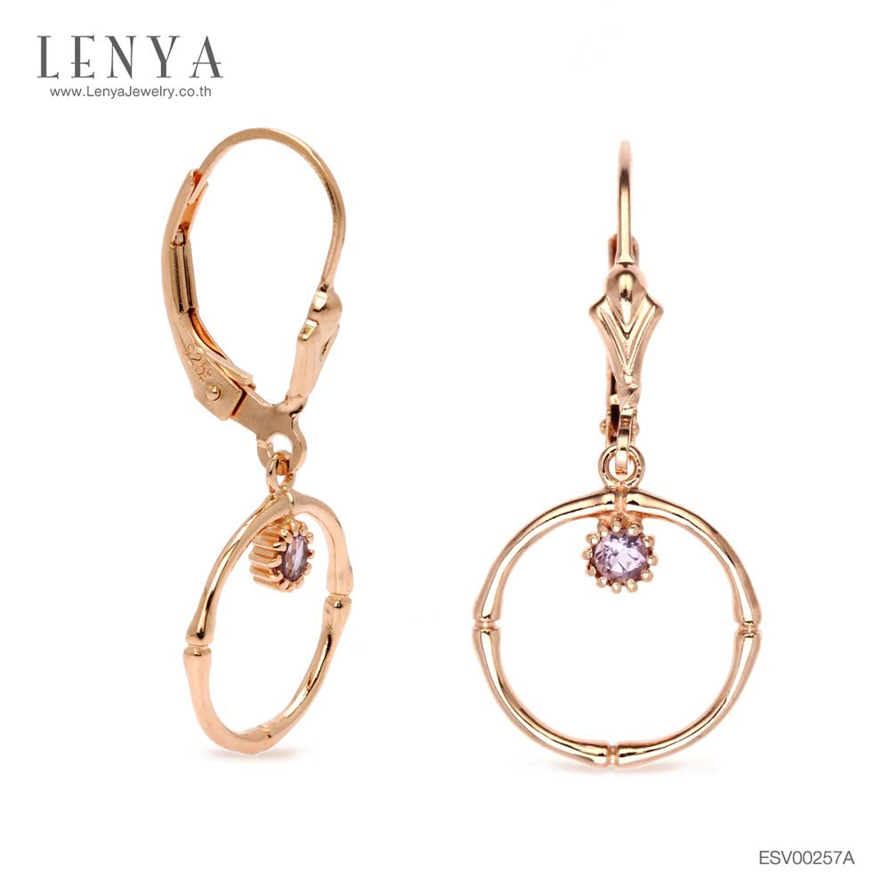 LENYA ต่างหูเงินแท้ 925 ชุปพิ้งโกล ประดับพลอยอเมทีสต์ (Amethyst) ทรงกลม 1 เม็ด  ช่วยผ่อนคลายความเครียด และความโกรธให้คลายลง