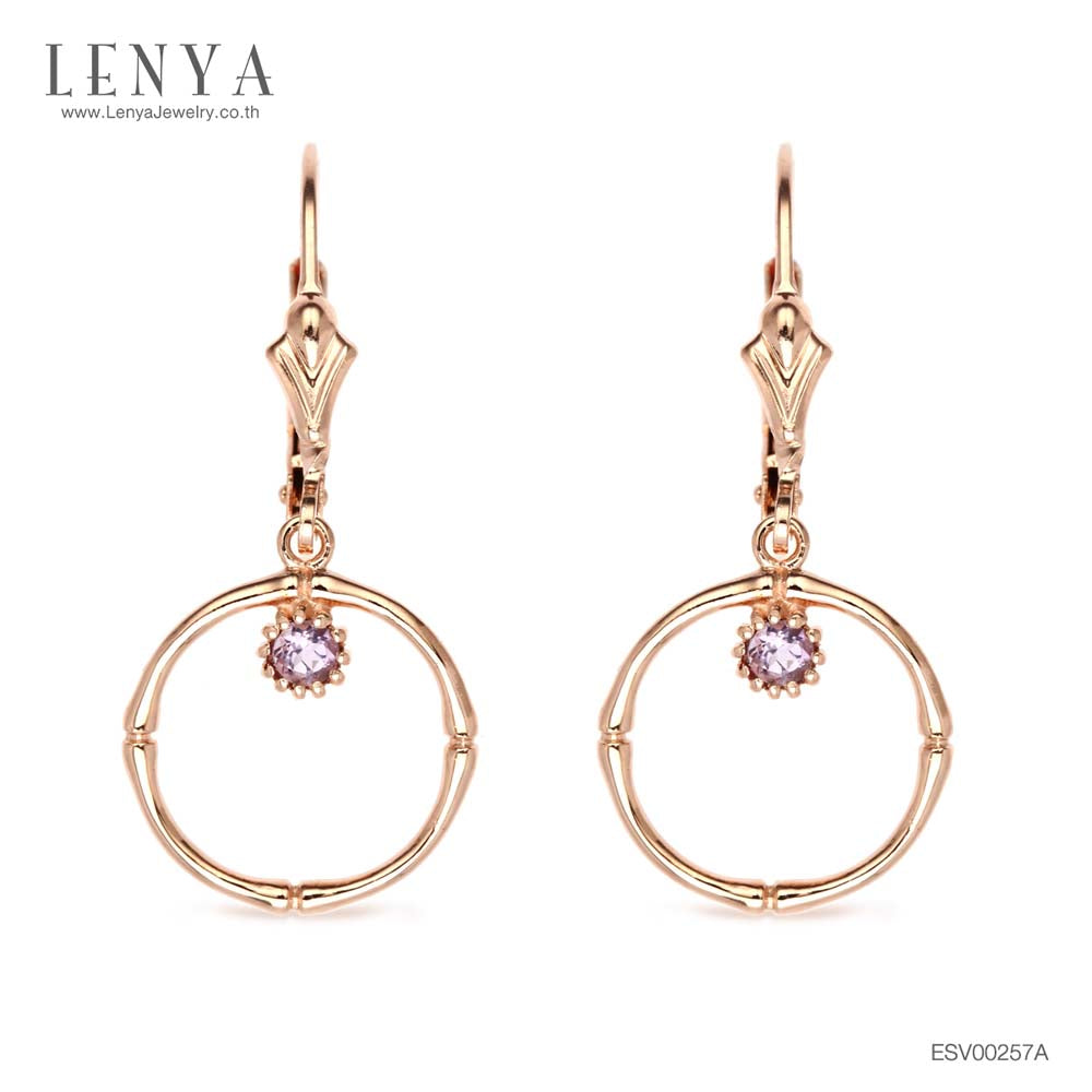 LENYA ต่างหูเงินแท้ 925 ชุปพิ้งโกล ประดับพลอยอเมทีสต์ (Amethyst) ทรงกลม 1 เม็ด  ช่วยผ่อนคลายความเครียด และความโกรธให้คลายลง