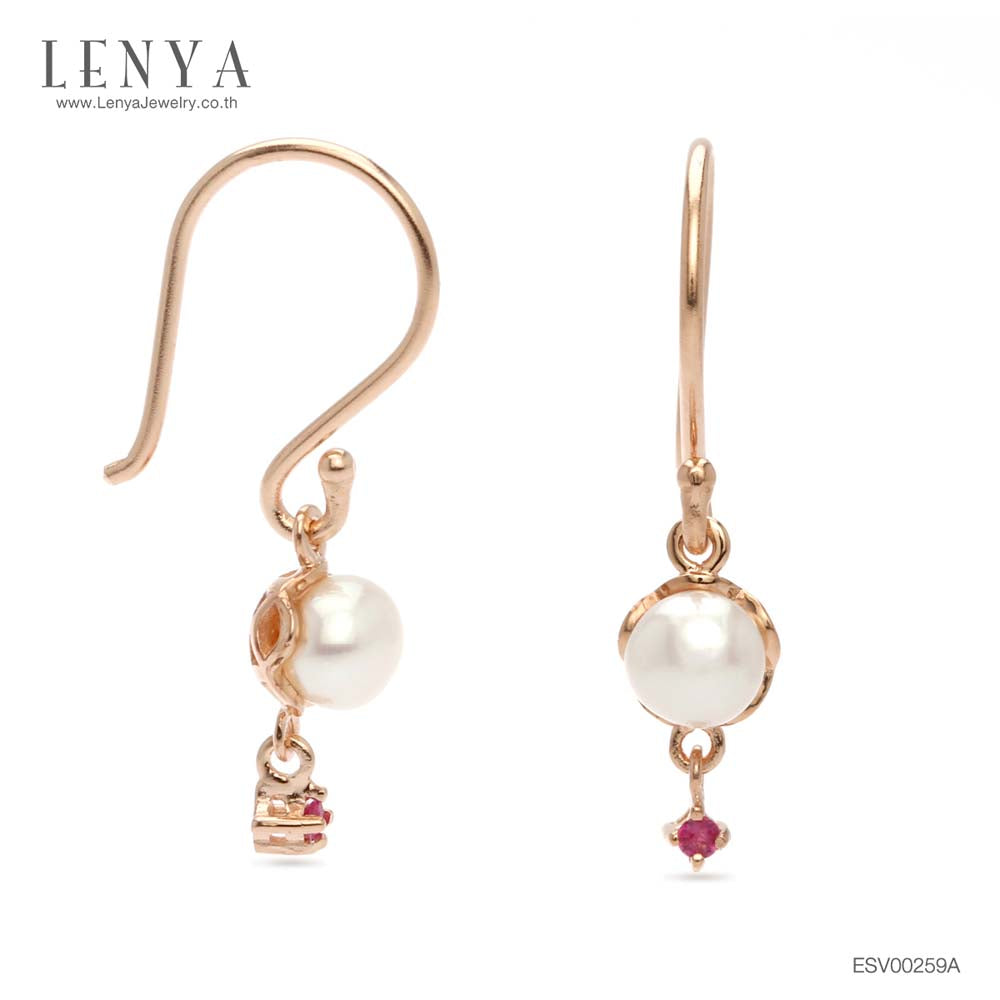 LENYA ต่างหูเงินแท้ 925 ชุบพิงค์โกลด์ ประดับด้วยไข่มุกและทับทิม ดีไซน์น่ารัก