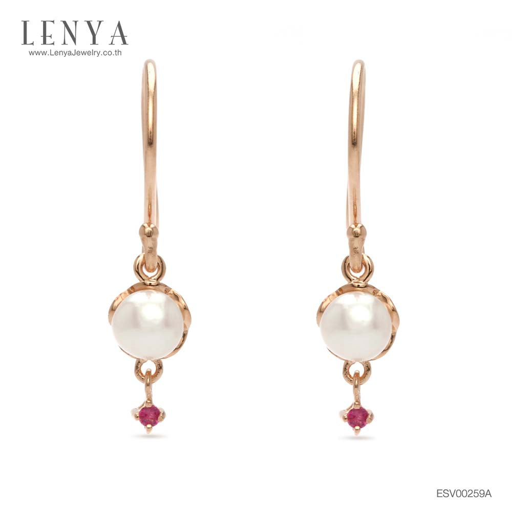 LENYA ต่างหูเงินแท้ 925 ชุบพิงค์โกลด์ ประดับด้วยไข่มุกและทับทิม ดีไซน์น่ารัก