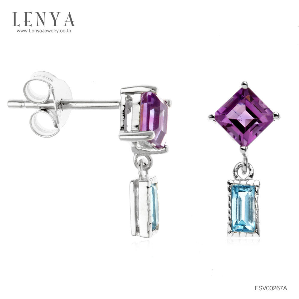 LENYA ต่างหูพลอยอเมทิสต์ เสริมความสงบใจ มีสติ มั่งคั่ง ขนาด 4 มิล ตัวเรือนเงินแท้925 ชุบทองคำขาว