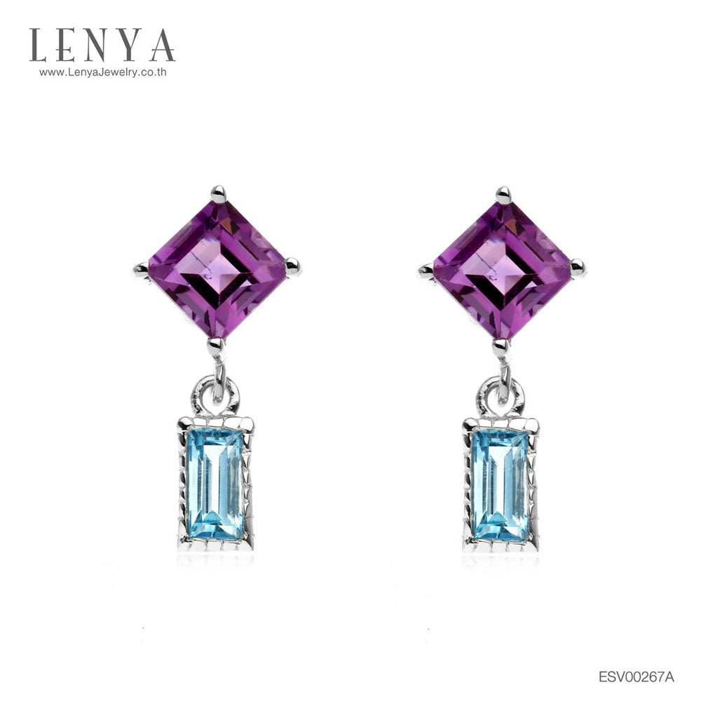 LENYA ต่างหูพลอยอเมทิสต์ เสริมความสงบใจ มีสติ มั่งคั่ง ขนาด 4 มิล ตัวเรือนเงินแท้925 ชุบทองคำขาว