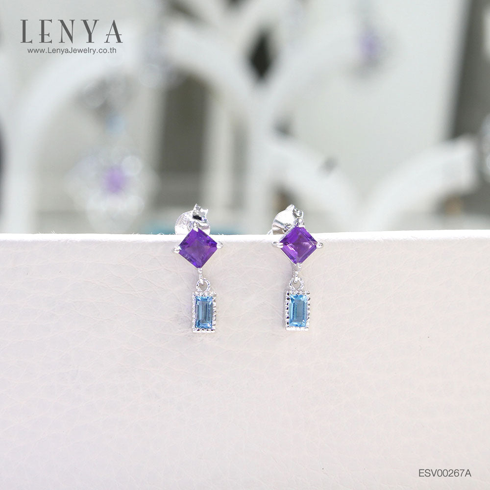 LENYA ต่างหูพลอยอเมทิสต์ เสริมความสงบใจ มีสติ มั่งคั่ง ขนาด 4 มิล ตัวเรือนเงินแท้925 ชุบทองคำขาว