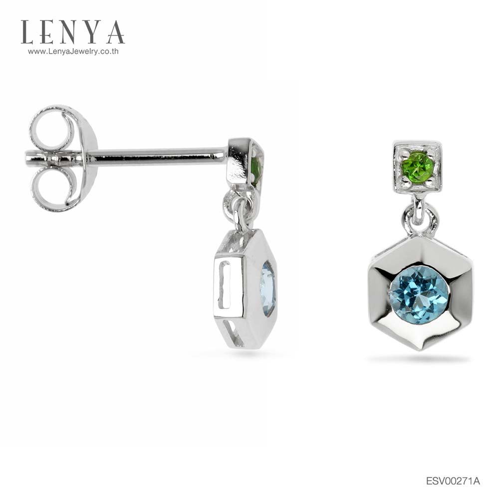 LENYA ต่างหูเงินแท้ ประดับบลูโทแพซ (Blue Topaz) และโครมไดออพไซด์ (Chrome Diopside) ดีไซน์ทรงหกเหลี่ยม