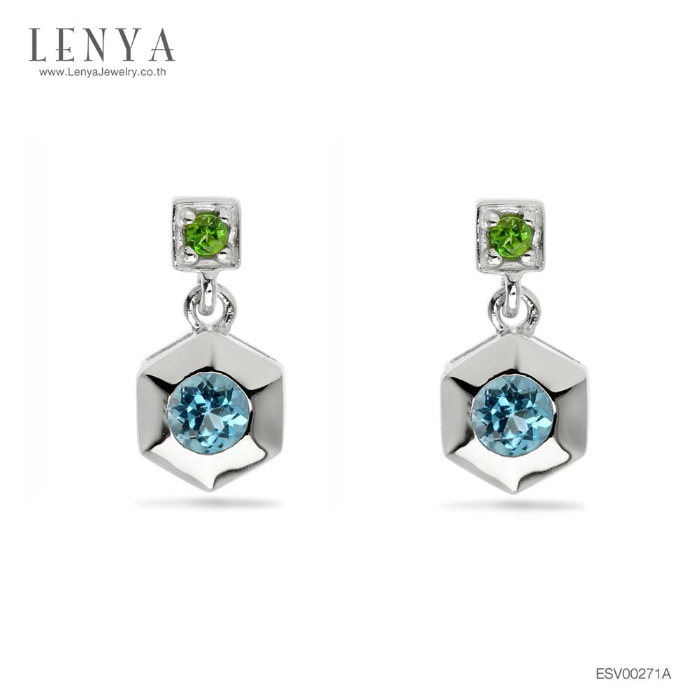 LENYA ต่างหูเงินแท้ ประดับบลูโทแพซ (Blue Topaz) และโครมไดออพไซด์ (Chrome Diopside) ดีไซน์ทรงหกเหลี่ยม