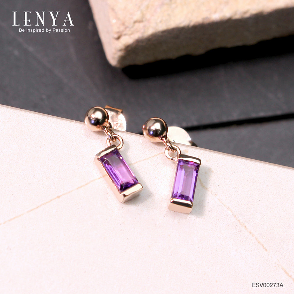 LENYA ต่างหูเงินแท้ 925 ชุปทองพิงค์โกล ประดับด้วยพลอย Amethyst ทรงสีเหลื่ยมยาว สไตล์ มินิมอล สวย น่ารัก