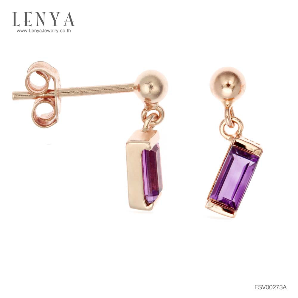 LENYA ต่างหูเงินแท้ 925 ชุปทองพิงค์โกล ประดับด้วยพลอย Amethyst ทรงสีเหลื่ยมยาว สไตล์ มินิมอล สวย น่ารัก