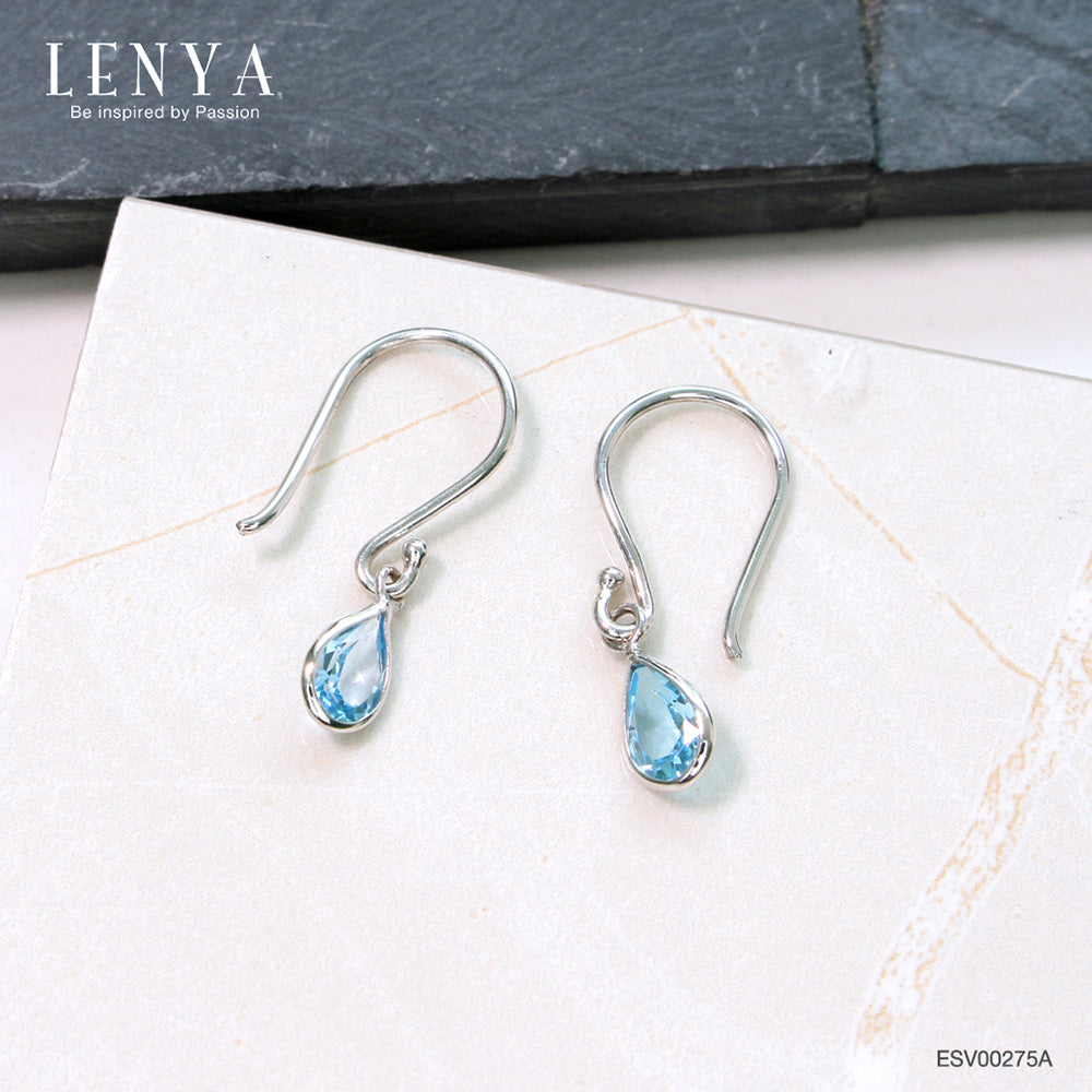 LENYA ต่างหูเงินแท้ ชุบโรเดียม ประดับพลอยแท้ สีฟ้าใส บลู โทแพซ (Blue Topaz)