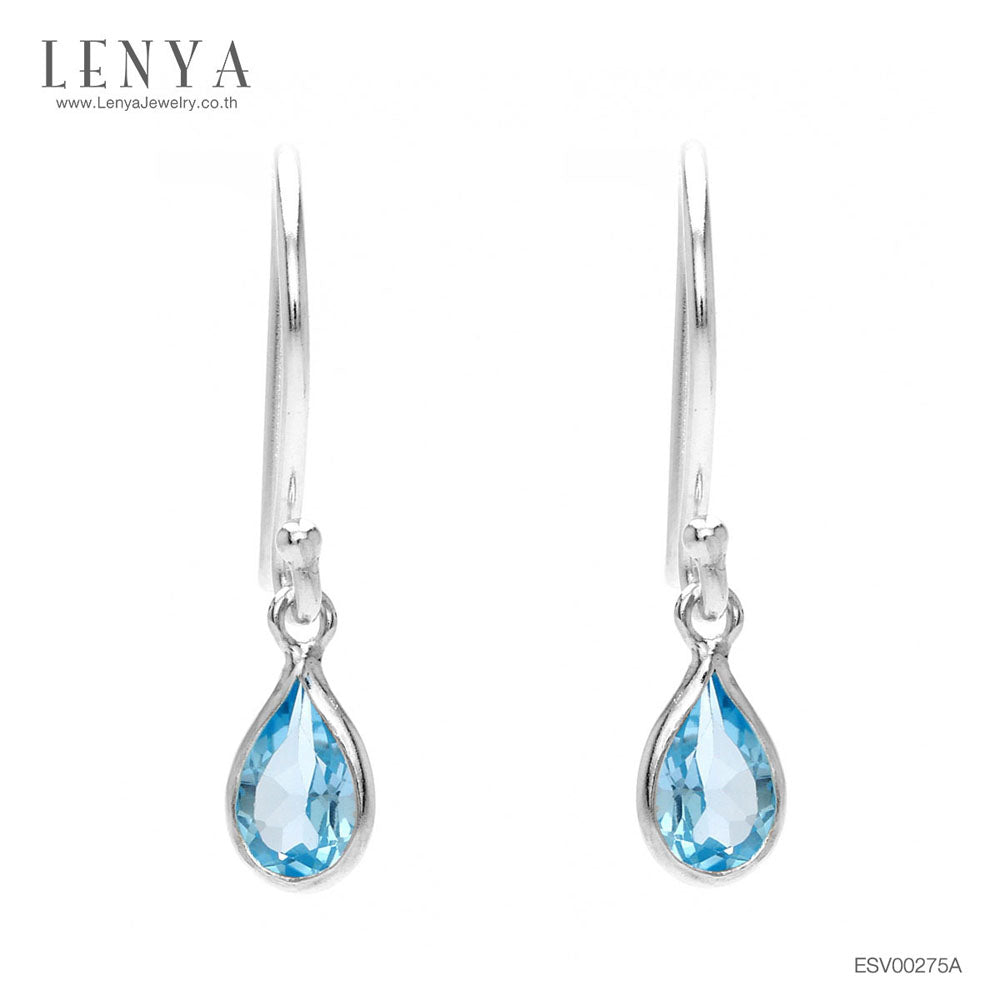 LENYA ต่างหูเงินแท้ ชุบโรเดียม ประดับพลอยแท้ สีฟ้าใส บลู โทแพซ (Blue Topaz)