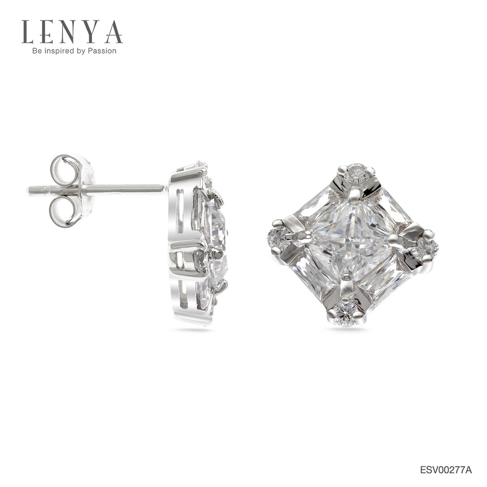 LENYA ต่างหูตัวเรือนเงินแท้ 925 ชุบทองขาว ประดับด้วย คิวบิกเซอร์โคเนีย (Cubic Zirconia) สีขาวสีเหลียมและกลม ดีไซน์เรียบหรู สวยงาม
