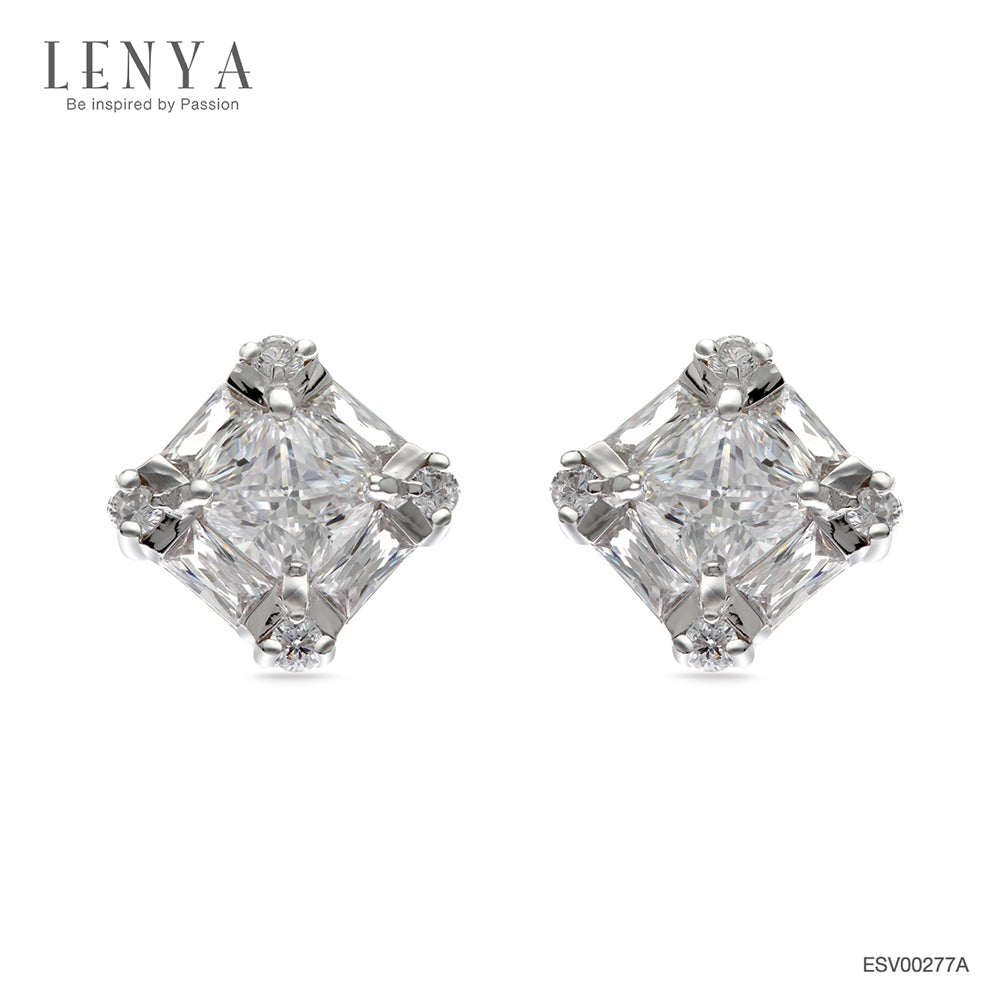 LENYA ต่างหูตัวเรือนเงินแท้ 925 ชุบทองขาว ประดับด้วย คิวบิกเซอร์โคเนีย (Cubic Zirconia) สีขาวสีเหลียมและกลม ดีไซน์เรียบหรู สวยงาม