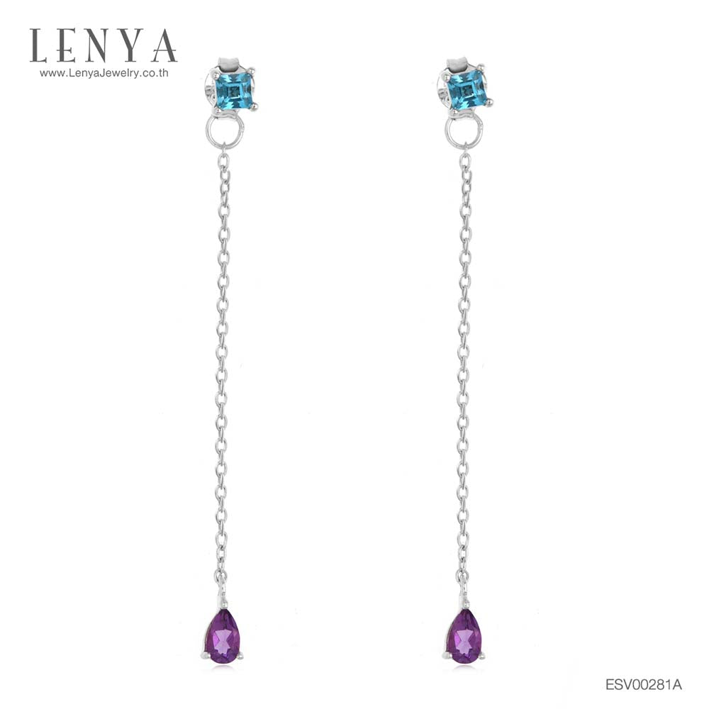 LENYA ต่างหูสร้อยตุ้งติ้ง ประดับด้วย บลูโทแพซ(Blue Topaz) และ อเมทีสต์ (Amethyst) ตัวเรือนเงินแท้ 925 ชุบทองขาว สวยงามไม่ซ้ำใคร