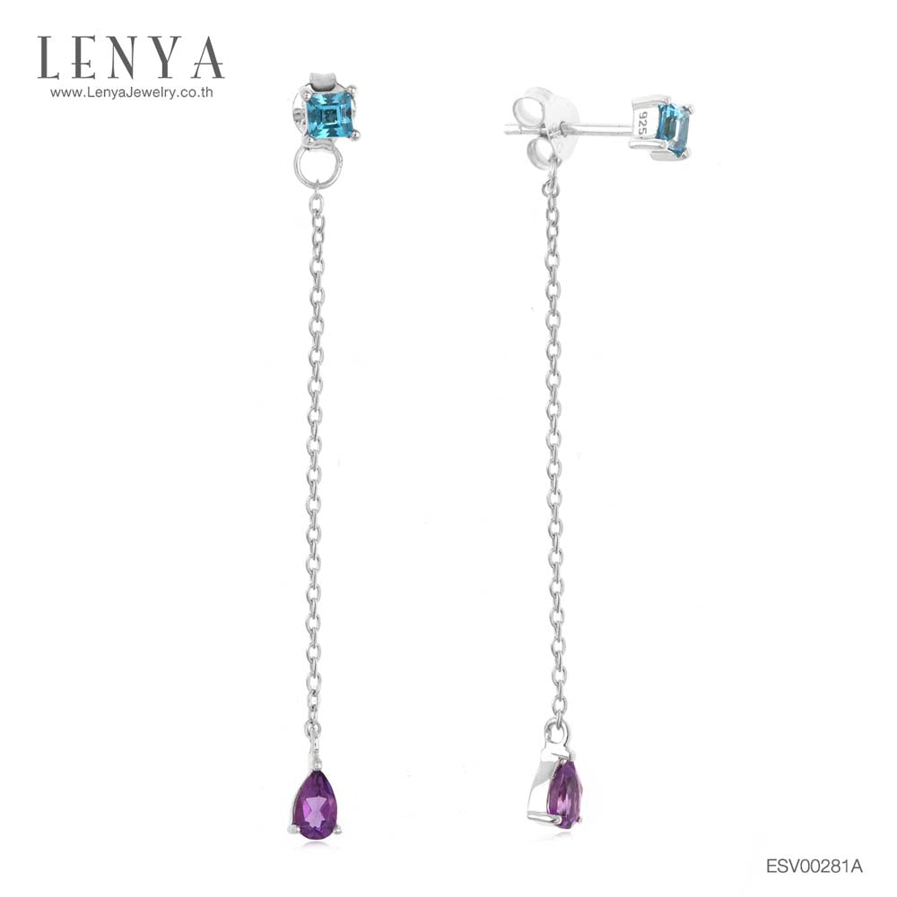 LENYA ต่างหูสร้อยตุ้งติ้ง ประดับด้วย บลูโทแพซ(Blue Topaz) และ อเมทีสต์ (Amethyst) ตัวเรือนเงินแท้ 925 ชุบทองขาว สวยงามไม่ซ้ำใคร