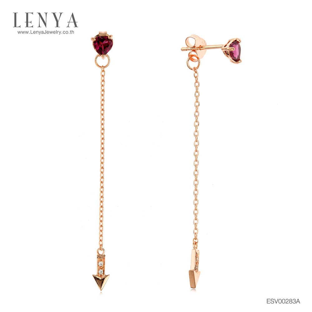 LENYA ต่างหูสร้อยตุ้งติ้ง ประดับด้วยพลอยหัวใจ โรโดไลท์ (Rhodolite) และ คิวบิกเซอร์โคเนีย (Cubic Zirconia) ตัวเรือนเงินแท้ 925 ชุบทองพิ้งโกลด์ สวยงามไม่ซ้ำใคร