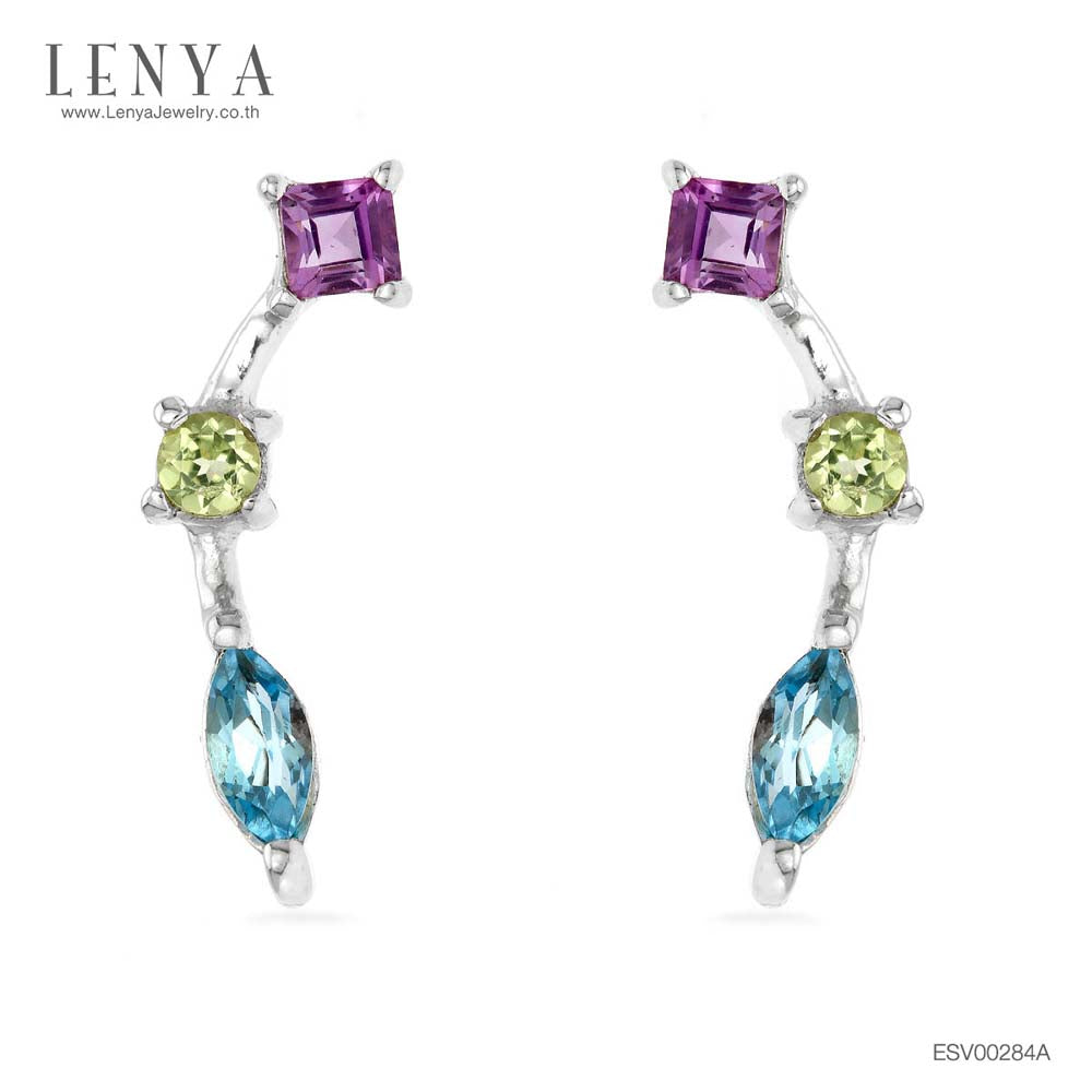 LENYA ต่างหูตัวเรือนเงินแท้ 925 ชุบทองขาว ประดับด้วยพลอย บลูโทแพซ(Blue Topaz) อเมทีสต์ (Amethyst) และ เพอริดอท(Peridot) สีสันสดใส ใส่แล้วน่ารัก ดูสวยไปกว่าเดิม