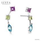 LENYA ต่างหูตัวเรือนเงินแท้ 925 ชุบทองขาว ประดับด้วยพลอย บลูโทแพซ(Blue Topaz) อเมทีสต์ (Amethyst) และ เพอริดอท(Peridot) สีสันสดใส ใส่แล้วน่ารัก ดูสวยไปกว่าเดิม
