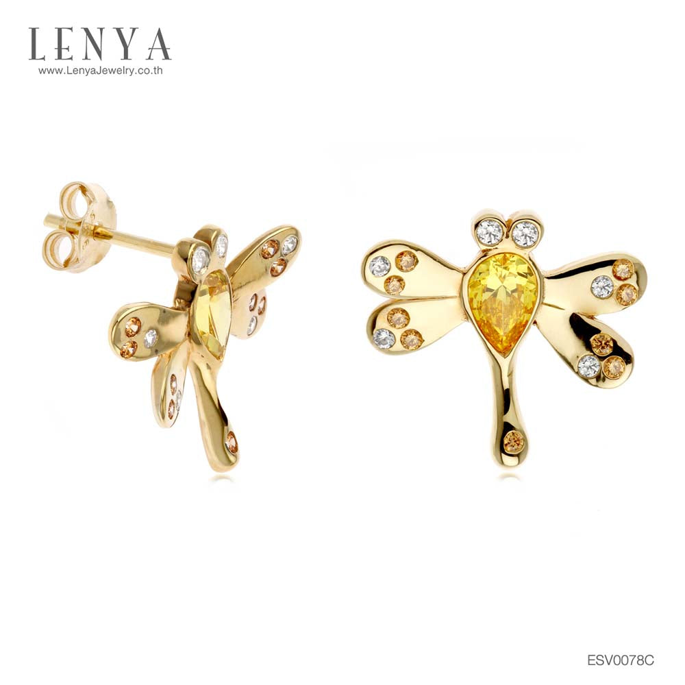 LENYA ต่างหู CZ สีเหลือง จาก SWAROVSKI ดีไซน์เก๋ทันสมัย ขนาด 6x4 มิล ตัวเรือนเงินแท้925 ชุบสีทองคำ