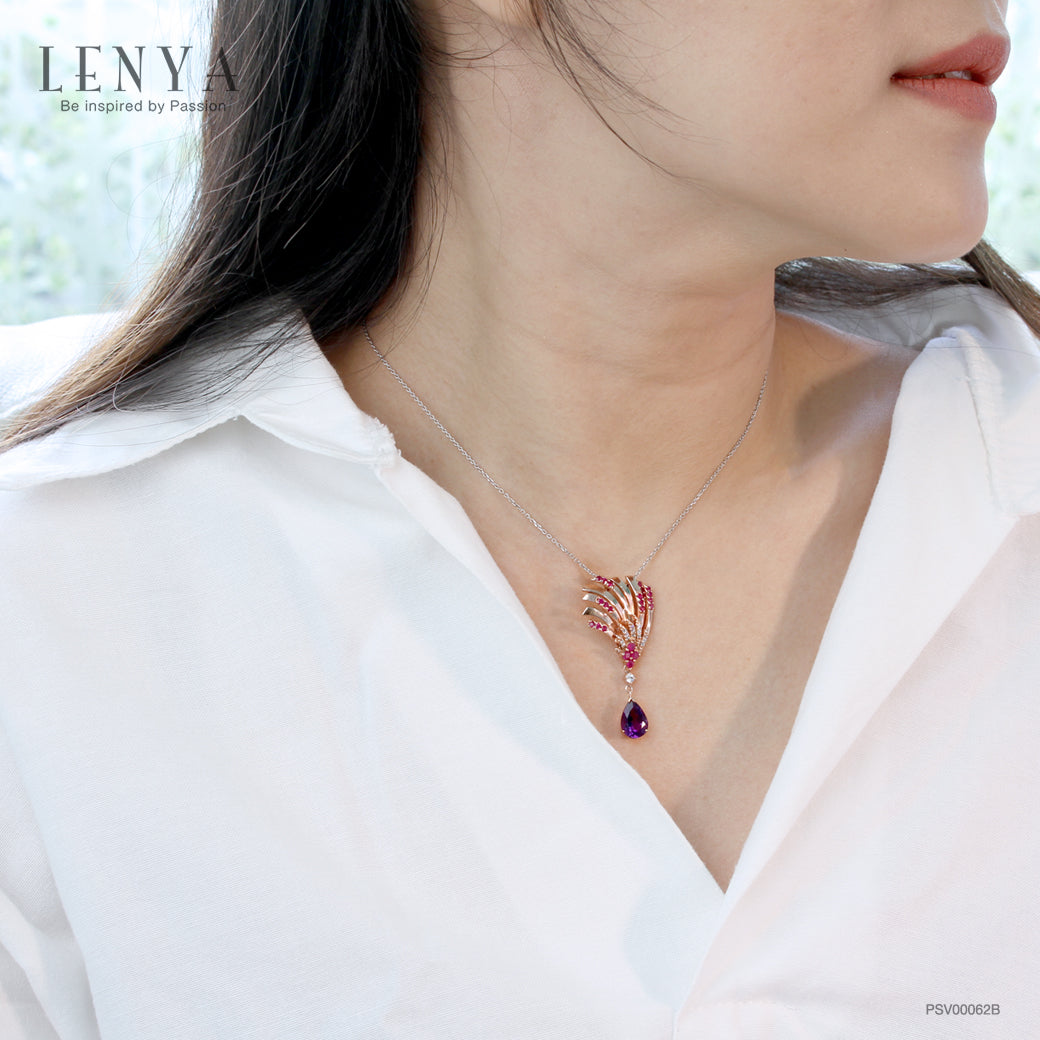 LENYA จี้ประดับอเมทิสต์(Amethyst) ทับทิม(Ruby) และเพชร DiamondLike บนตัวเรือนเงินแท้ชุบสีพิงค์โกลด์แท้
