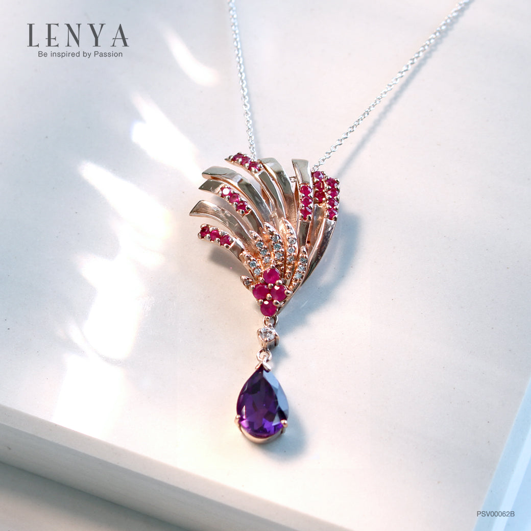 LENYA จี้ประดับอเมทิสต์(Amethyst) ทับทิม(Ruby) และเพชร DiamondLike บนตัวเรือนเงินแท้ชุบสีพิงค์โกลด์แท้