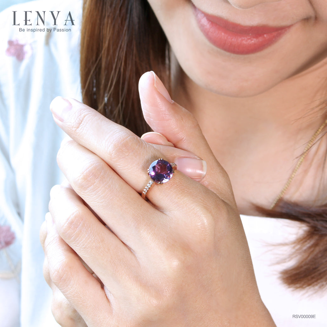 LENYA แหวนอะเมทิสต์ขนาด 10มิล น้ำหนัก 3.5 กะรัต ประดับบ่าข้างด้วยคิวบิคเซอร์โคเนีย ตัวเรือนเงินแท้ ชุบทองชมพู 18K สร้างเสน่ห์ให้คุณเป็นที่น่าจับตา