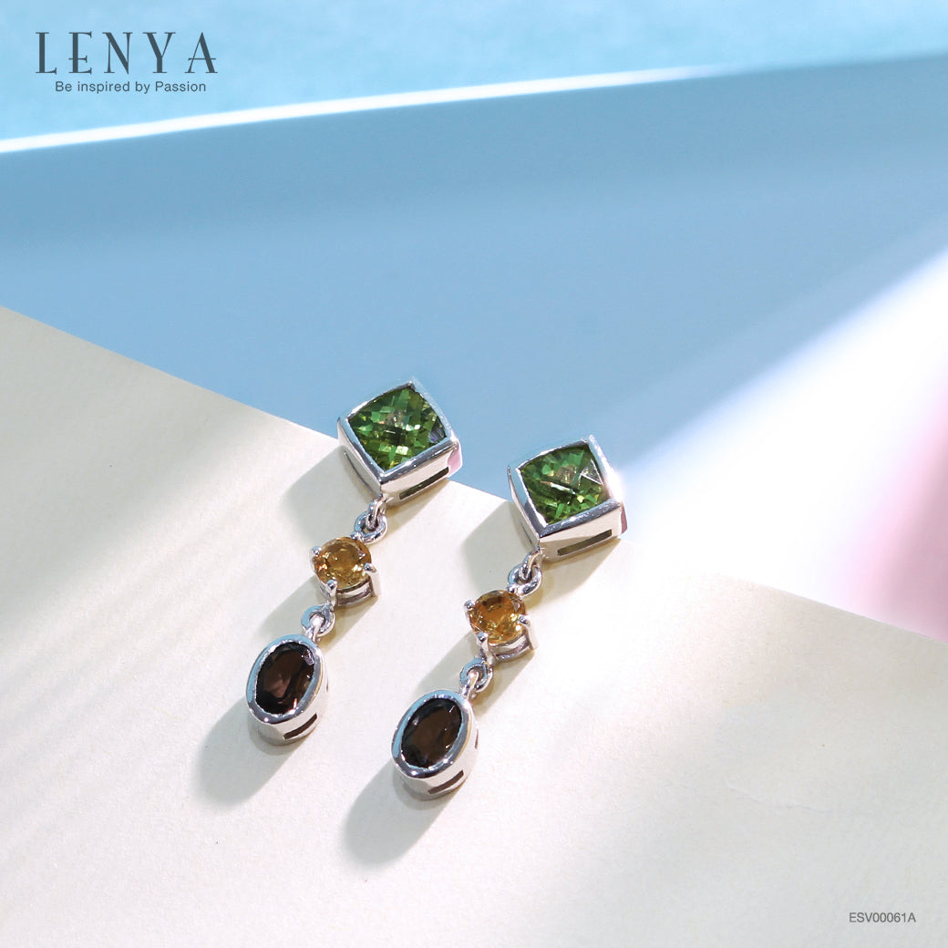 LENYA ต่างหูพลอยเพอริดอท เสริมโชคลาภ ความรัก ชีวิตมั่นคง ขนาด 6 มิล ตัวเรือนเงินแท้925 ชุบทองคำขาว