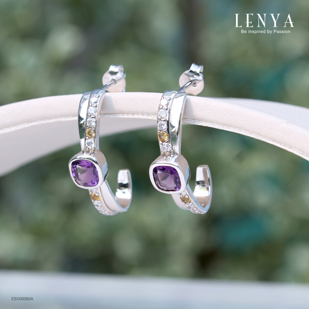 LENYA ต่างหูพลอยอเมทิสต์ เสริมความสงบใจ มีสติ มั่งคั่ง ขนาด 5 มิล ตัวเรือนเงินแท้925 ชุบทองคำขาว