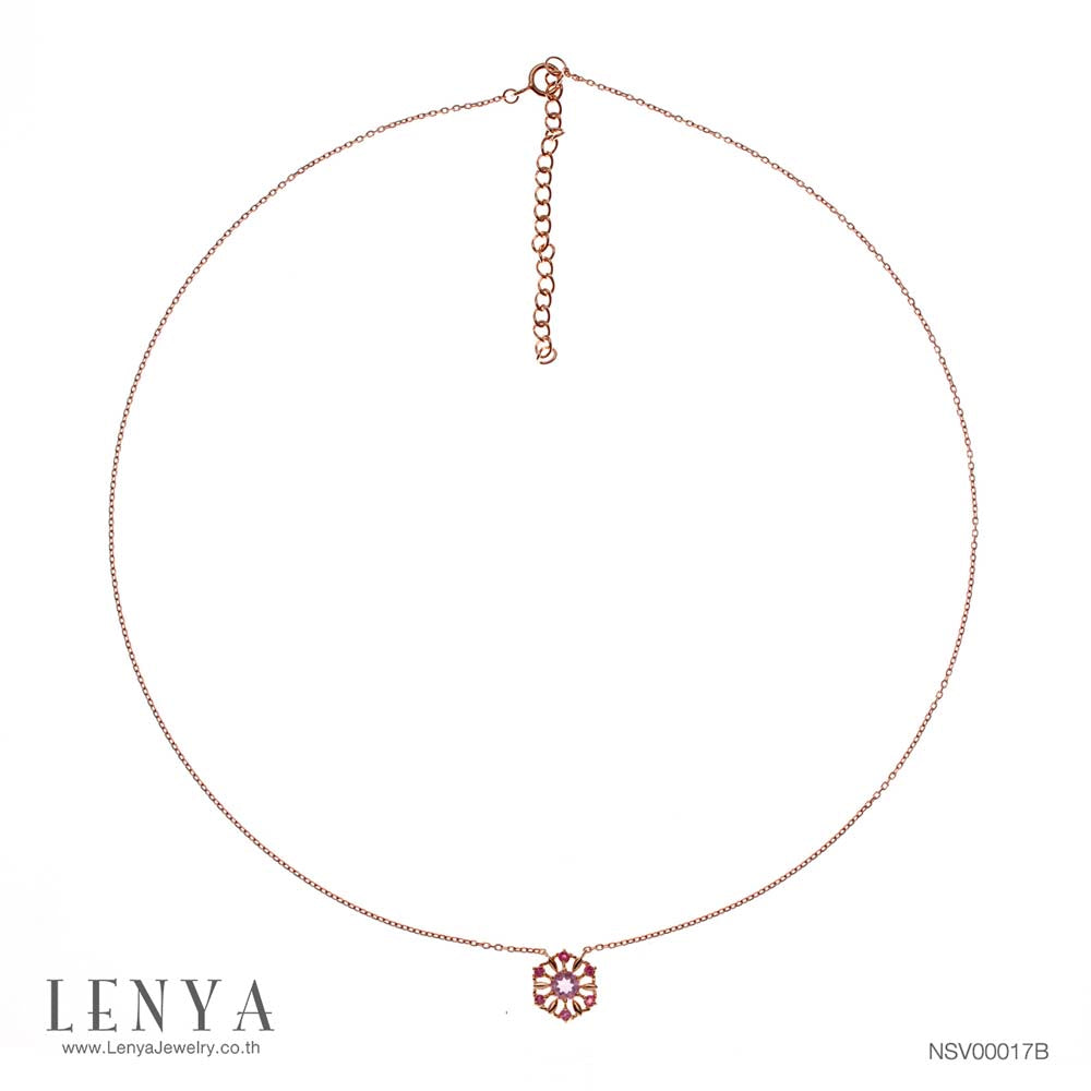 LENYA สร้อยคอเงินแท้ 925 ชุปพิงค์โกลด์ ประดับพลอยสีม่วงอเมทิสต์ (Amethyst) ล้อมรอบด้วยพลอยสีแดง ทับทิม (Ruby) ดีไซต์ สวยโดดเด่นเปรียบดั่งรัศมีแห่งความเจริญรุ่งเรือง สวมใส่ได้ทุกโอกาส