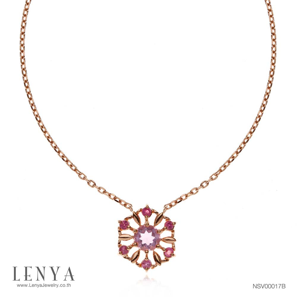 LENYA สร้อยคอเงินแท้ 925 ชุปพิงค์โกลด์ ประดับพลอยสีม่วงอเมทิสต์ (Amethyst) ล้อมรอบด้วยพลอยสีแดง ทับทิม (Ruby) ดีไซต์ สวยโดดเด่นเปรียบดั่งรัศมีแห่งความเจริญรุ่งเรือง สวมใส่ได้ทุกโอกาส