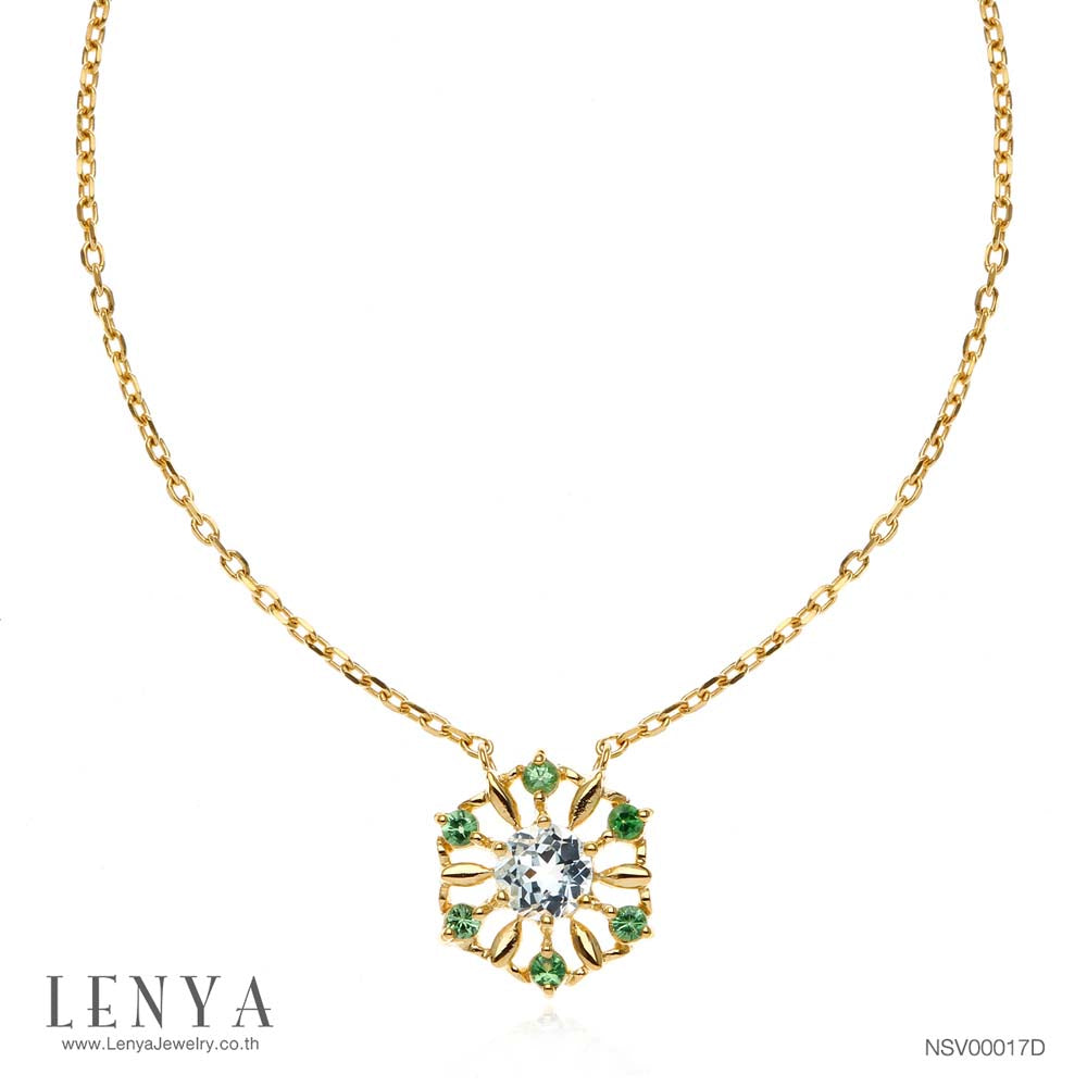LENYA สร้อยคอเงินแท้ 925 ชุปทองคำ18 เค รัศมีอันโดดเด่นประดับด้วยพลอยสีฟ้า บลูโทปาซ (Blue Topaz) ล้อมรอบด้วยพลอยสีเขียว ซาโวไรต์( Tsavorite) ดีไซต์เรียบหรู ดูน่ารัก กับสไตล์เกาหลีญี่ปุ่น