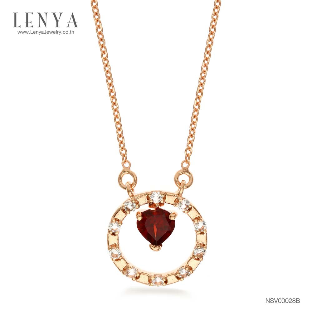 LENYA สร้อยคอเงินแท้ 925 ชุบ Pink Gold หวานใส ดีไซน์รูปหัวใจในวงล้อแห่งรัก เลอค่าด้วยการประดับโกเมน (Garnet) และ ไวท์ โทแพซ (White Topaz) เสริมโชคด้านความรักและมิตรภาพเป็นพิเศษ