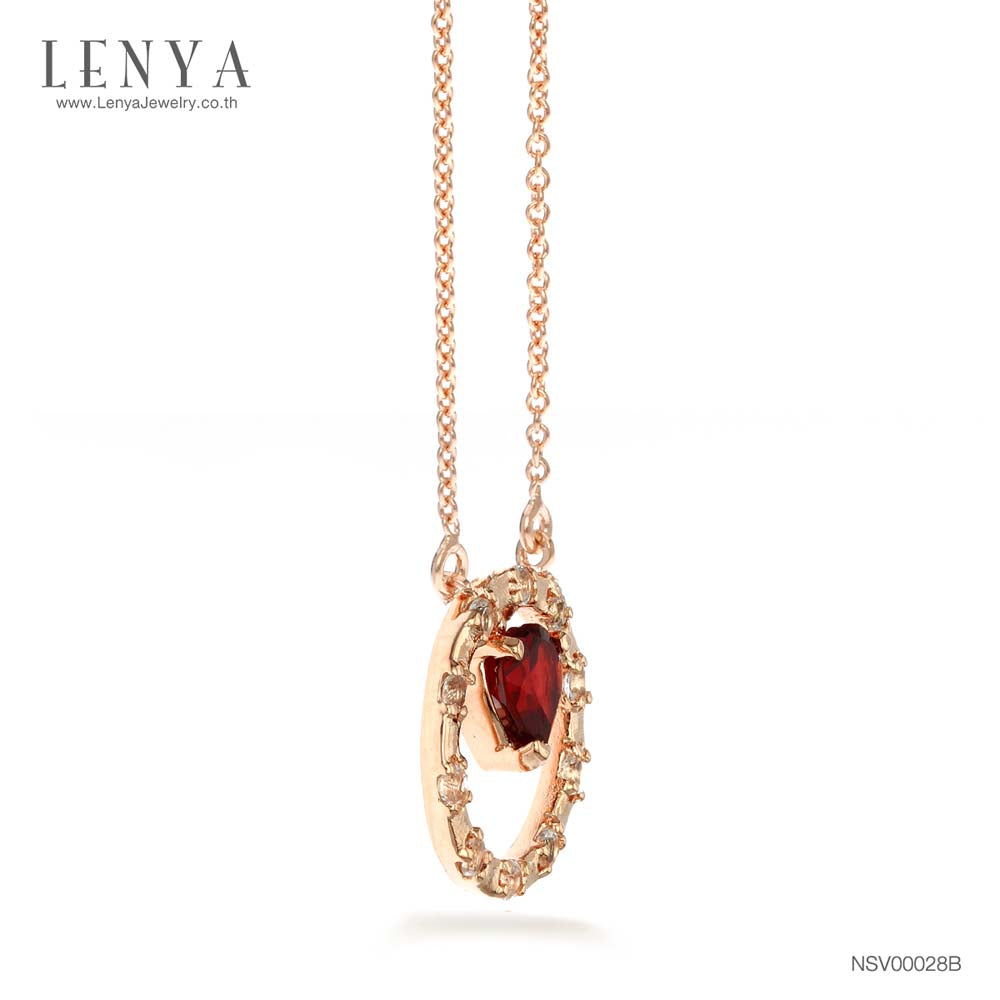 LENYA สร้อยคอเงินแท้ 925 ชุบ Pink Gold หวานใส ดีไซน์รูปหัวใจในวงล้อแห่งรัก เลอค่าด้วยการประดับโกเมน (Garnet) และ ไวท์ โทแพซ (White Topaz) เสริมโชคด้านความรักและมิตรภาพเป็นพิเศษ