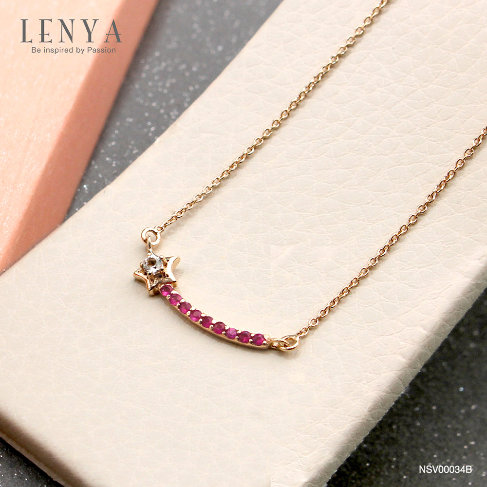 LENYA สร้อยคอเงินแท้ 925 ประดับพลอยสีแดง ทับทิม (Ruby ) และสีขาว ไวท์โทแพซ (white Topaz) ชุบพิ้ง โกลด์ ดีไซน์เรียบเก๋ ในลุคน่ารักๆ สไตล์เกาหลี ญี่ปุ่น