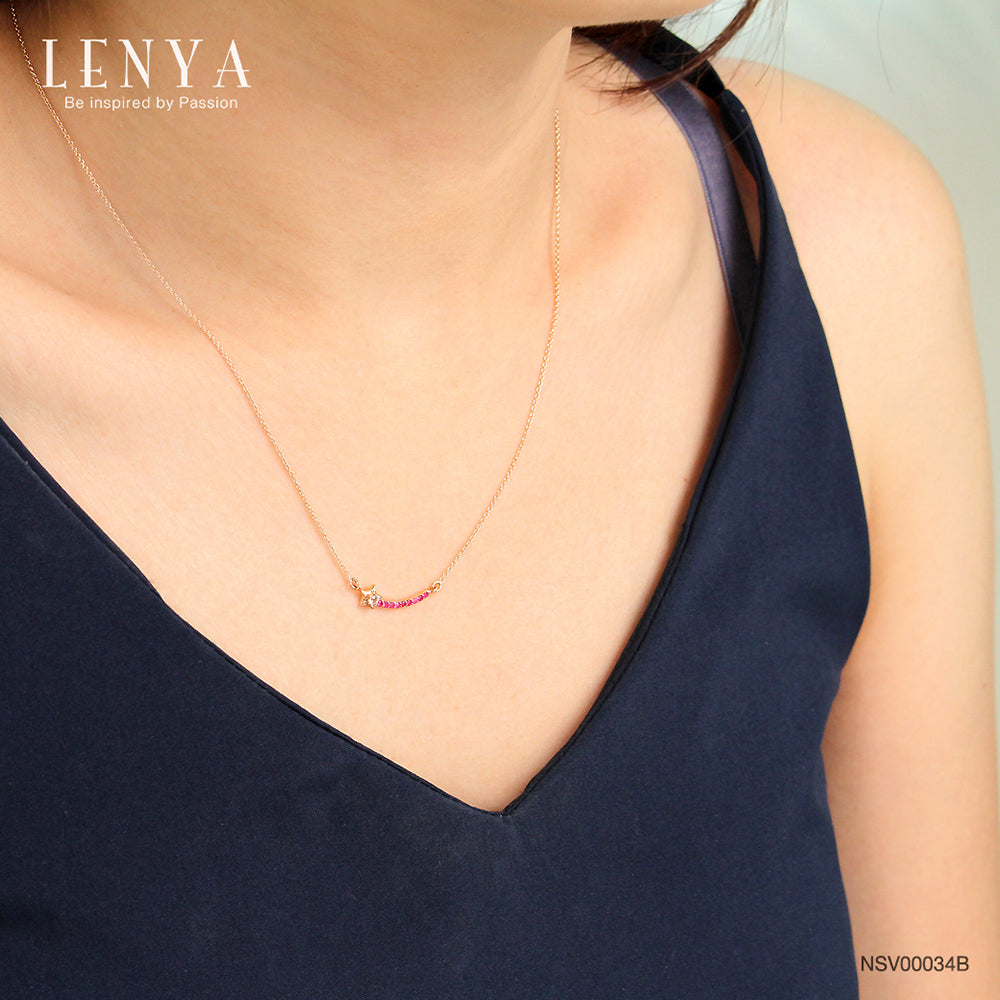 LENYA สร้อยคอเงินแท้ 925 ประดับพลอยสีแดง ทับทิม (Ruby ) และสีขาว ไวท์โทแพซ (white Topaz) ชุบพิ้ง โกลด์ ดีไซน์เรียบเก๋ ในลุคน่ารักๆ สไตล์เกาหลี ญี่ปุ่น