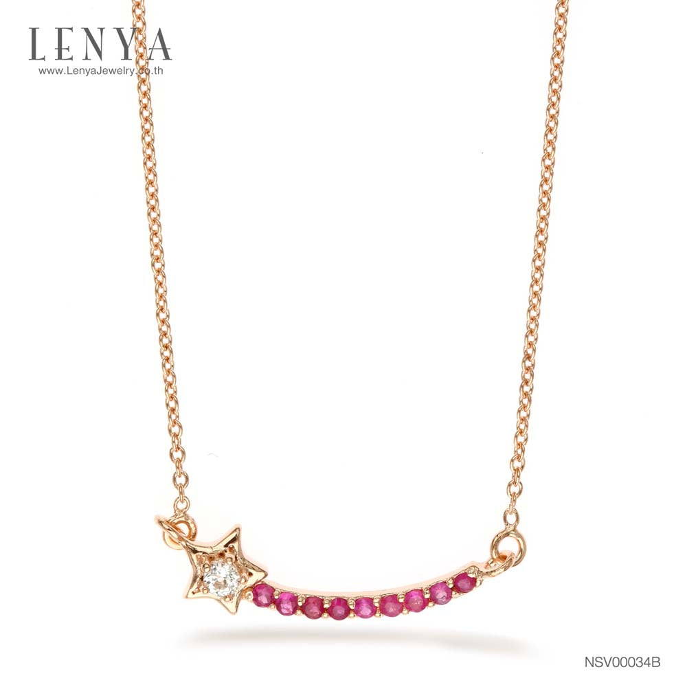LENYA สร้อยคอเงินแท้ 925 ประดับพลอยสีแดง ทับทิม (Ruby ) และสีขาว ไวท์โทแพซ (white Topaz) ชุบพิ้ง โกลด์ ดีไซน์เรียบเก๋ ในลุคน่ารักๆ สไตล์เกาหลี ญี่ปุ่น