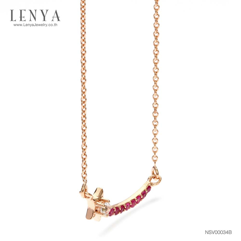 LENYA สร้อยคอเงินแท้ 925 ประดับพลอยสีแดง ทับทิม (Ruby ) และสีขาว ไวท์โทแพซ (white Topaz) ชุบพิ้ง โกลด์ ดีไซน์เรียบเก๋ ในลุคน่ารักๆ สไตล์เกาหลี ญี่ปุ่น