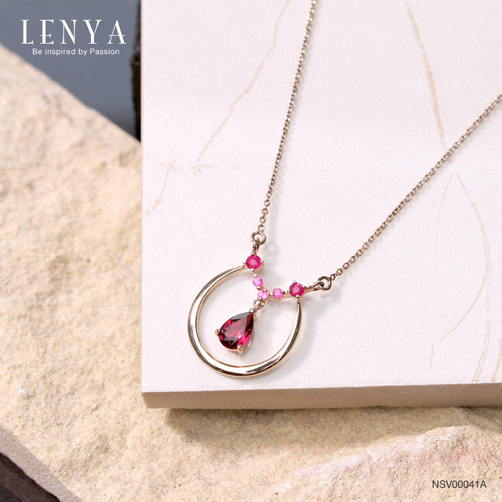 LENYA สร้อยคอเงินแท้ 925 ประดับพลอย ทรงหยดน้ำ โรโดไลท์(Rhodolite) และพลอยทับทิม (Ruby) ชุบพิ้ง โกลด์ สวยสง่า เพิ่มเสน่ห์ดึงดูดในตัวคุณ